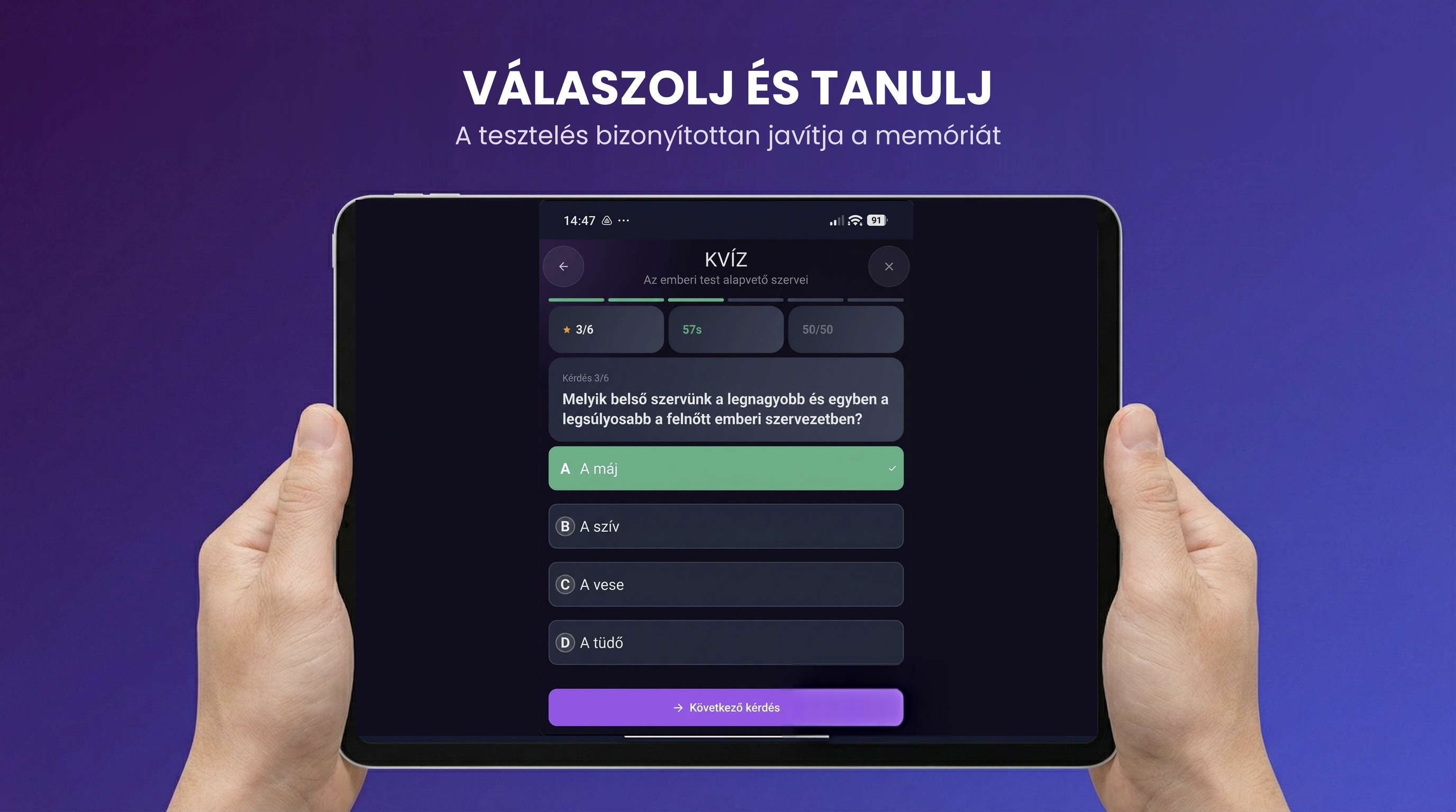 Válaszolj és tanulj – kvíz funkció